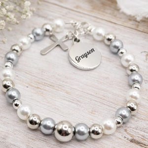 Personalised Baby Baptism Bracelet, Glass Pearl Christening Gift with Engraved Charm & Message Card image 16