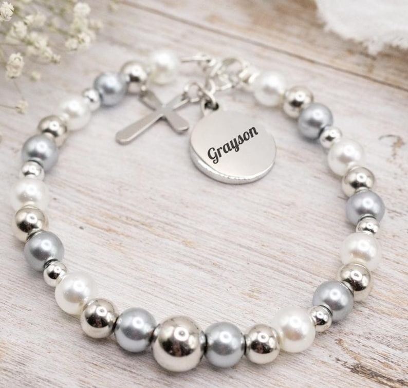 Personalised Baby Baptism Bracelet, Glass Pearl Christening Gift with Engraved Charm & Message Card image 16