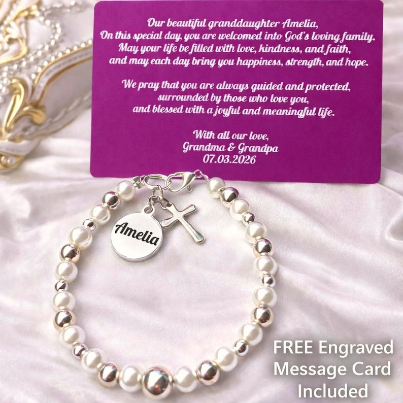 Personalised Baby Baptism Bracelet, Glass Pearl Christening Gift with Engraved Charm & Message Card image 2