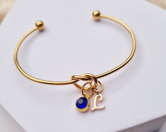 Personalised Birthstone and Initial Bracelet, September Birthstone Gift, Sapphire Birthday Gift, Bangle Gift for her, Christmas Valentines