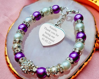 Personalized Bridesmaid Bracelet, Engraved Heart Charm, Wedding Jewelry