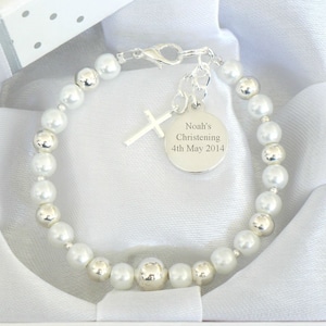 Personalised First Holy Communion Christening Baptism Baby Boy Baby Girl Bracelet Engraved Round Charm Name Day Date Keepsake Unique Gift White