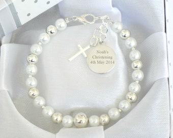 Personalised First Holy Communion Christening Baptism Baby Boy Baby Girl Bracelet Engraved Round Charm Name Day Date Keepsake Unique Gift