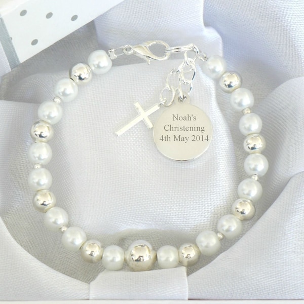 Personalised First Holy Communion Christening Baptism Baby Boy Baby Girl Bracelet Engraved Round Charm Name Day Date Keepsake Unique Gift