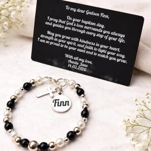 Personalised Baby Baptism Bracelet, Glass Pearl Christening Gift with Engraved Charm & Message Card image 10