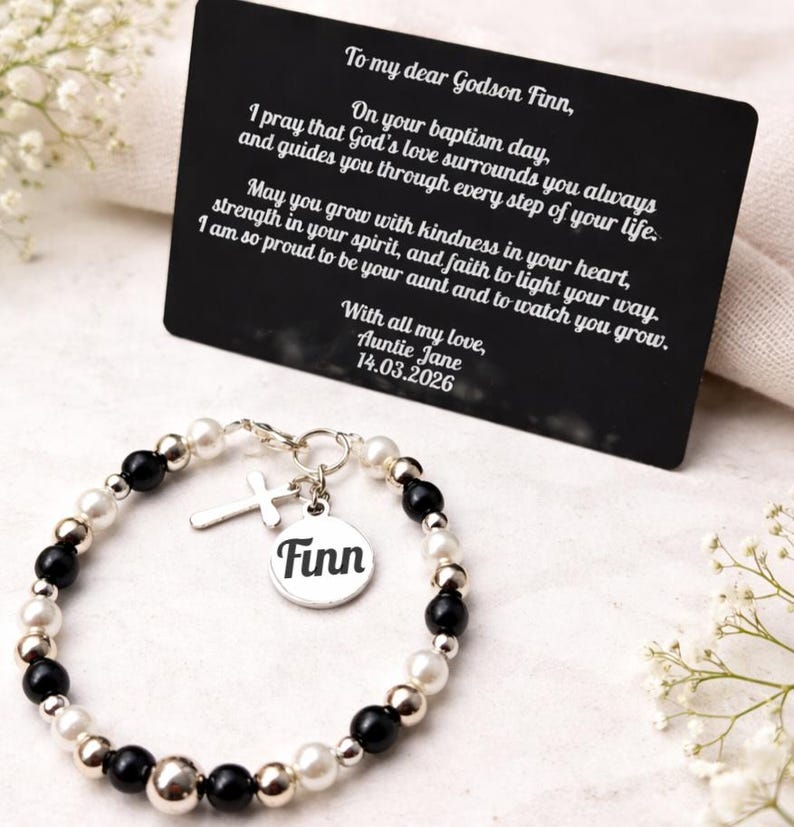 Personalised Baby Baptism Bracelet, Glass Pearl Christening Gift with Engraved Charm & Message Card image 10