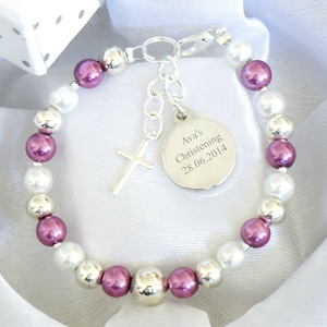 Personalised First Holy Communion Christening Baptism Baby Boy Baby Girl Bracelet Engraved Round Charm Name Day Date Keepsake Unique Gift Purple