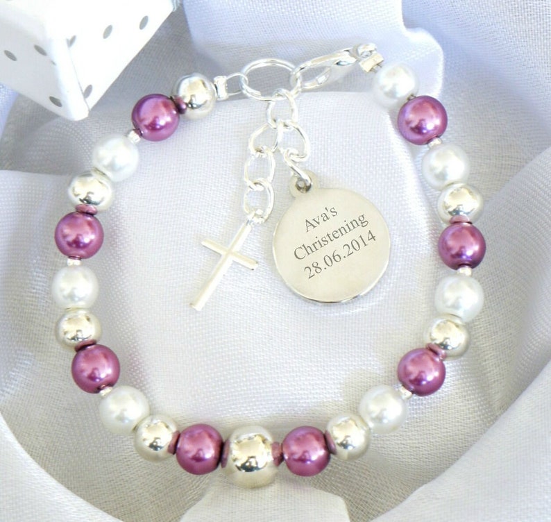 Personalised First Holy Communion Christening Baptism Baby Boy Baby Girl Bracelet Engraved Round Charm Name Day Date Keepsake Unique Gift Purpurowy