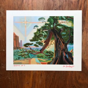 May include: A painting of a large tree with a thick trunk and branches reaching towards a bright, colorful sky. The tree is in the foreground, with a landscape of mountains and trees in the background. The painting is signed "Joe Bartholomew '21" in the lower right corner and "SEDONA NO. 3" in the lower left corner.