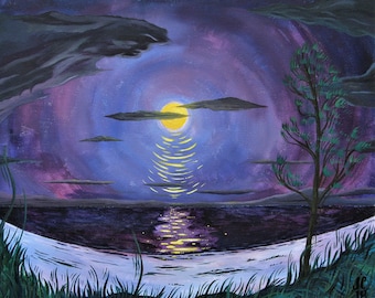 Moonrise Art Print // Pintura de Luna Llena // Arte de la Luna // Lunar // Luna Tropical // Arte de Reflexión de la Luna // Decoración / Pintura de Playa