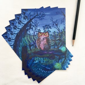 Postales de búho / Pintura de búho / Tarjetas de arte / Conjunto estacionario / Arte original / Gran búho cornudo / Tarjetas de búho / Arte de aves / Conjunto de postales