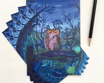 Owl Postcards / Owl Painting / Art Cards / Stationary Set / Original Art / Great Horned Owl / Owl Cards / Bird Art / Postcard Set