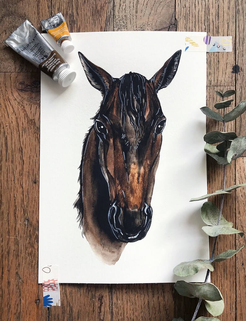 May include: Watercolor painting of a brown horse's head with a black mane and a white background.