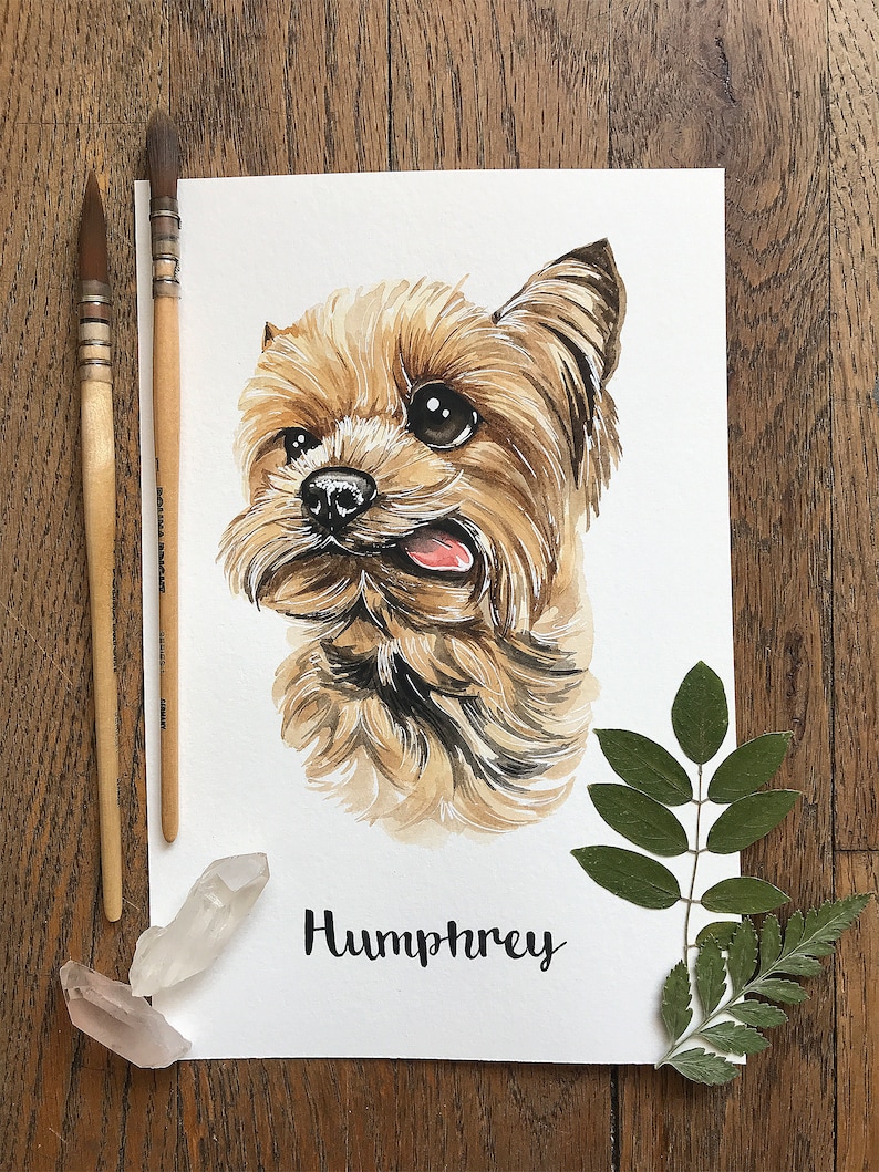 May include: Watercolor painting of a brown and tan Yorkshire Terrier with its tongue sticking out. The dog's name, Humphrey, is written in black cursive below the dog.