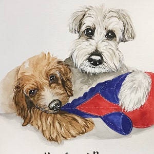 May include: Watercolor painting of two dogs, a brown and white dog and a white dog, cuddling together. The dogs are named Hazel and Roo.