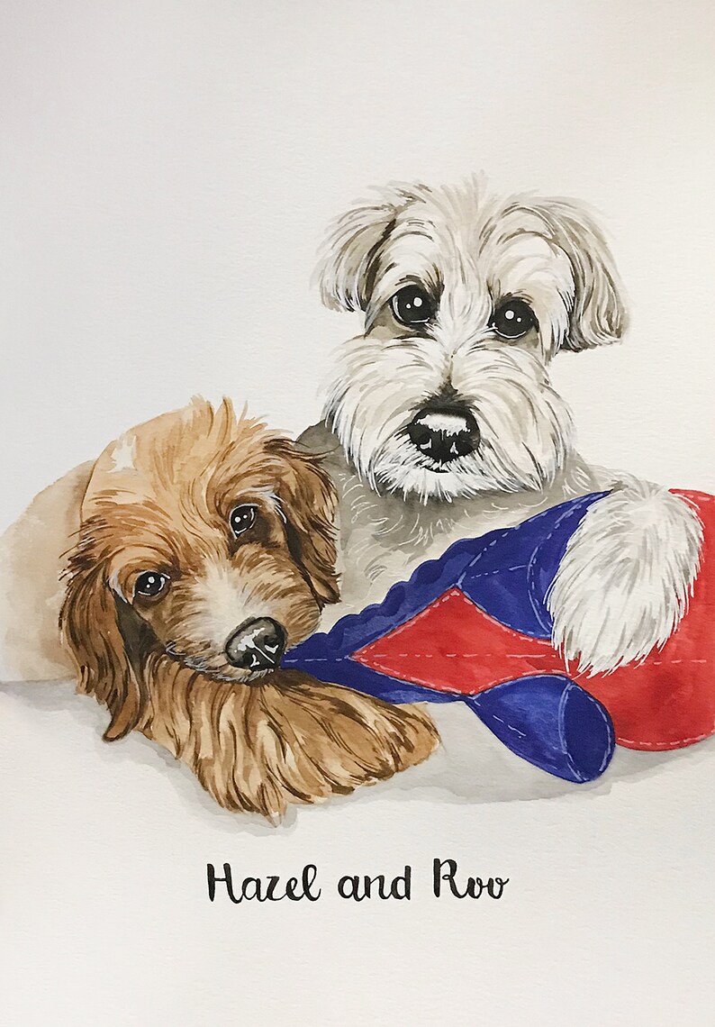 May include: Watercolor painting of two dogs, a brown and white dog and a white dog, cuddling together. The dogs are named Hazel and Roo.