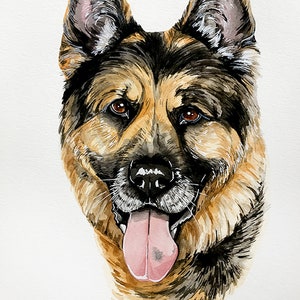 May include: A watercolor painting of a German Shepherd dog with brown, black, and tan fur. The dog has its tongue sticking out and is looking directly at the viewer.