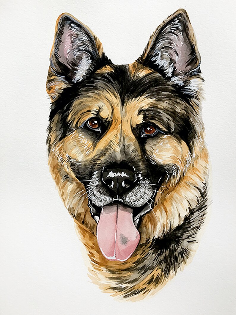 May include: A watercolor painting of a German Shepherd dog with brown, black, and tan fur. The dog has its tongue sticking out and is looking directly at the viewer.