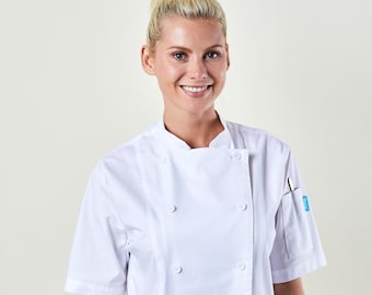 Quality Custom Women's Chef Coat Embroidered, Short Sleeve | Avery Women's White Chef Coat | Personalized
