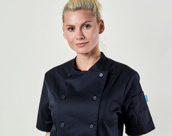 Quality Custom Women's Chef Coat Embroidered, Short Sleeve | Avery Women's Black Chef Coat | Personalized