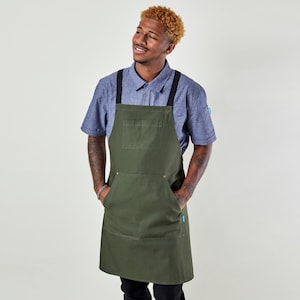 Delantal de chef premium para hombre o mujer / Hecho a mano / Delantal Dover con espalda cruzada verde oliva / 100 % algodón / Cocina, restaurante, profesional