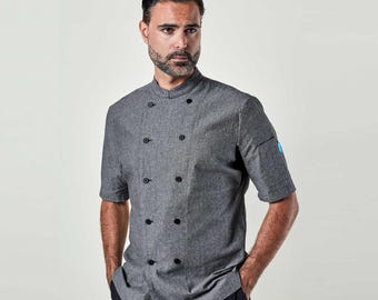Premium Quality Custom Chef Coat Embroidered, Unisex Short Sleeve Chef Shirt | Ambassador Charcoal Chambray Chef Coat | Personalized