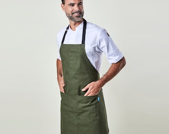 Tablier de chef premium pour homme ou femme | Fabriqué à la main | Tablier Mise Olive | 100 % coton | Cuisine, restaurant, professionnel