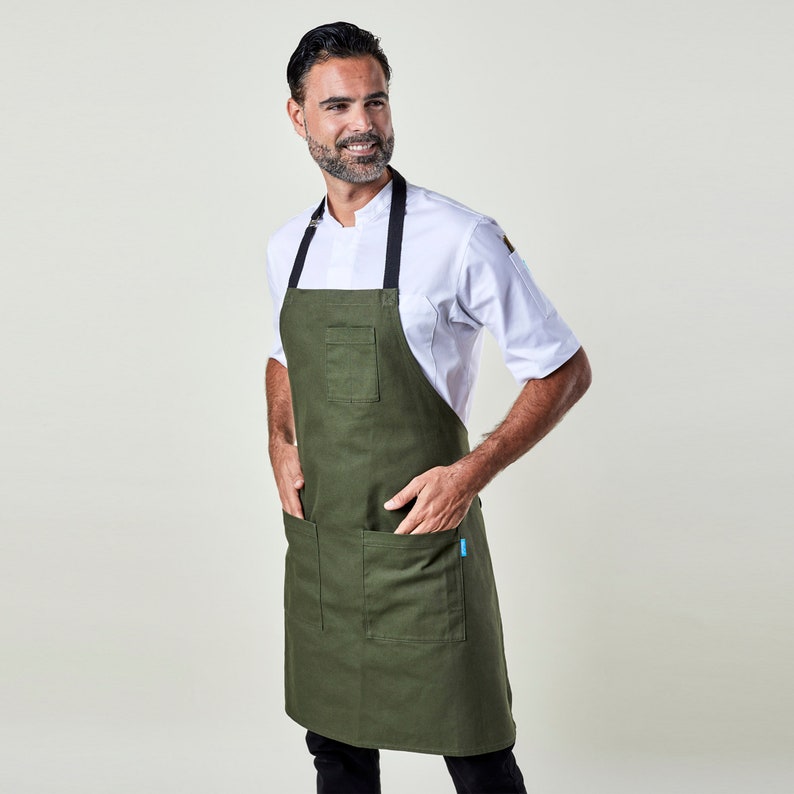 Premium Chef Apron for Man or Woman Handcrafted Mise Apron Olive 100% Cotton Kitchen, Restaurant, Professional image 1
