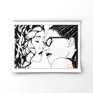 Puede incluir: Ilustración en blanco y negro de dos personas en primer plano, una de ellas con gafas. La obra de arte presenta un trabajo de línea detallado y está sobre un fondo blanco. El nombre del artista es visible en la esquina inferior derecha.