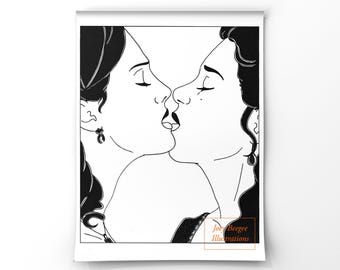 Illustration of Emily and Sue kissing from the series Dickinson (2019-2021)/ Split the Lark / Hailee Steinfeld and Ella Hunt