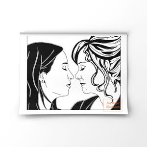 Peut inclure: Une illustration en noir et blanc au trait représentant deux personnes face à face de profil. L'œuvre présente des traits d'encre audacieux et inclut le texte Joey Berger Illustrations dans le coin inférieur droit du cadre rectangulaire.