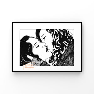 May include: Black and white illustration of two women kissing, framed in a black border. The artwork features detailed line work, with the text "JoeyBecker Illustrations" in the lower left corner.