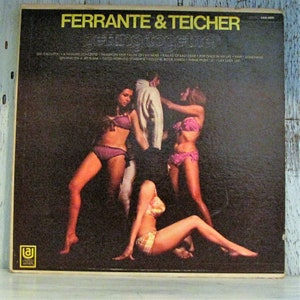 May include: A vintage vinyl record album cover featuring a group of three women in various poses wearing colorful swimsuits. The album cover is titled "Ferrante & Teicher Getting Together" and lists several song titles on the back.