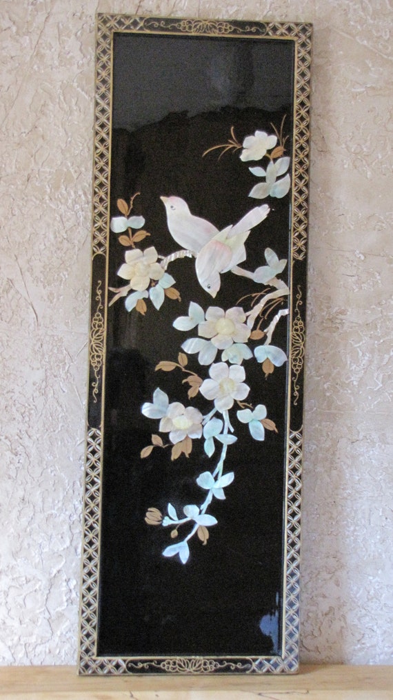 Asian Mother Of Pearl Wall Art Black Laquer Wall Hanging Etsy