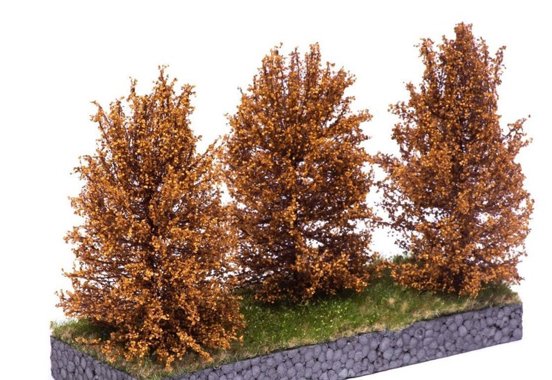 May include: Three miniature trees with brown foliage, set on a green grassy base with a gray stone border. The trees are arranged in a row, with the tallest tree in the center.