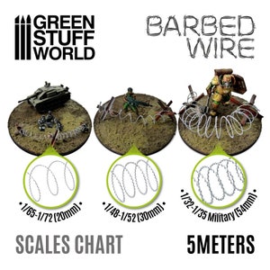 May include: Barbed wire model set for wargaming. The set includes three different sizes of barbed wire, suitable for 1/65-1/72, 1/48-1/52, and 1/32-1/35 scales. The wire is made of metal and is 5 metres long.