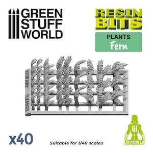May include: A sheet of 40 3D printed fern plants, suitable for 1/48 scale models. The plants are grey and have a realistic texture. The sheet is labelled "Resin Bits Plants Fern" and "Green Stuff World".