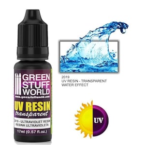 May include: A small bottle of clear UV resin for creating water effects. The bottle is labeled "Green Stuff World UV Resin transparent" and has a sun icon with "UV" written on it. The bottle is 17 ml (0.57 fl. oz.).