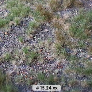 Peut inclure: Un revêtement de sol texturé et détaillé avec des touffes d'herbe verte et brune, parsemées de petits cailloux et de galets. L'image a un aspect naturel et terreux, avec le texte "# 15.24.xx" en bas.