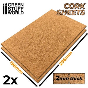 May include: Two 2mm thick cork sheets, each measuring 296mm by 198mm. The sheets are brown and have a natural cork texture. The text "CORK SHEETS" is printed in black at the top of the image.
