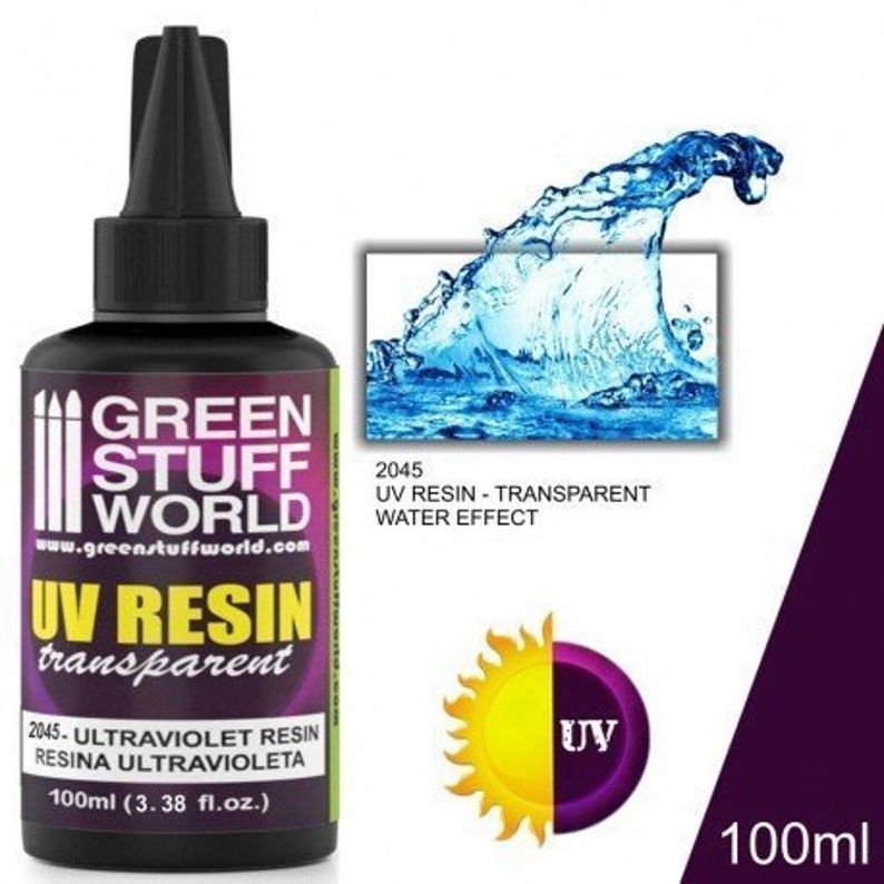 May include: A black bottle of Green Stuff World UV Resin, transparent. The label includes the text "UV RESIN transparent" and "2045. Ultraviolet Resin". The bottle contains 100ml (3.38 fl.oz.). An image shows a water effect.
