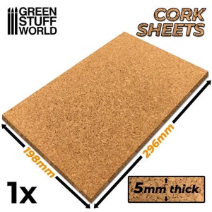 May include: One cork sheet, 296mm by 198mm, 5mm thick.  CORK SHEETS. GREEN STUFF WORLD.