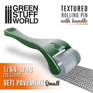 May include: Green textured rolling pin with a handle. The pin is designed to create a small sett pavement pattern. The pin is 1/64-1/48 inches (28-32 mm) in size.