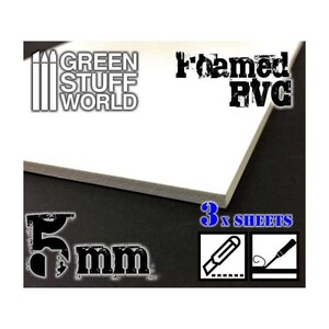 May include: Three sheets of 5 mm thick white foam board. The board is framed and has a smooth surface. The text "Framed PVC" is printed in black on the board. The text "GREEN STUFF WORLD" is printed in black on the top left corner of the image.