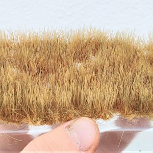 Könnte beinhalten: Ein Streifen hellbraunes Modellbahngras. Das Gras ist dicht gepackt und scheint aus feinen, einzelnen Fasern zu bestehen. Die Basis des Grases ist ein hellerer Braunton, und die Spitzen sind etwas heller.