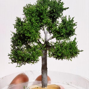 Puede incluir: Un pequeño árbol artificial verde con un tronco gris y una base marrón. El árbol está sentado sobre una superficie de plástico transparente.