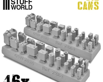 May include: A set of 16 gray plastic model oil cans, arranged in two rows of eight. The cans are in various sizes and shapes, and some have a textured surface. The set is labeled "GSW 2020" and "Ref. 2363".