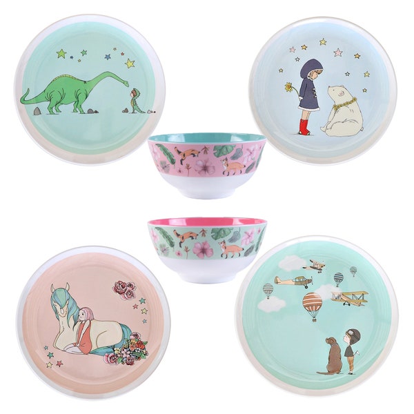 Hand Made Illustrated Kids Tableware set of 6 (4 Plates and 2 Bowls)Kids Dinnerware set, Kids Tableware plates and Bowls