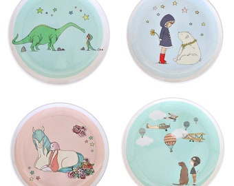 Hand Made Illustrated 4 Plates Set For Kids, Kids Dinnerware Set, Kids plates, Kids plate set