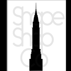 May include: Black silhouette of the Empire State Building against a white background.